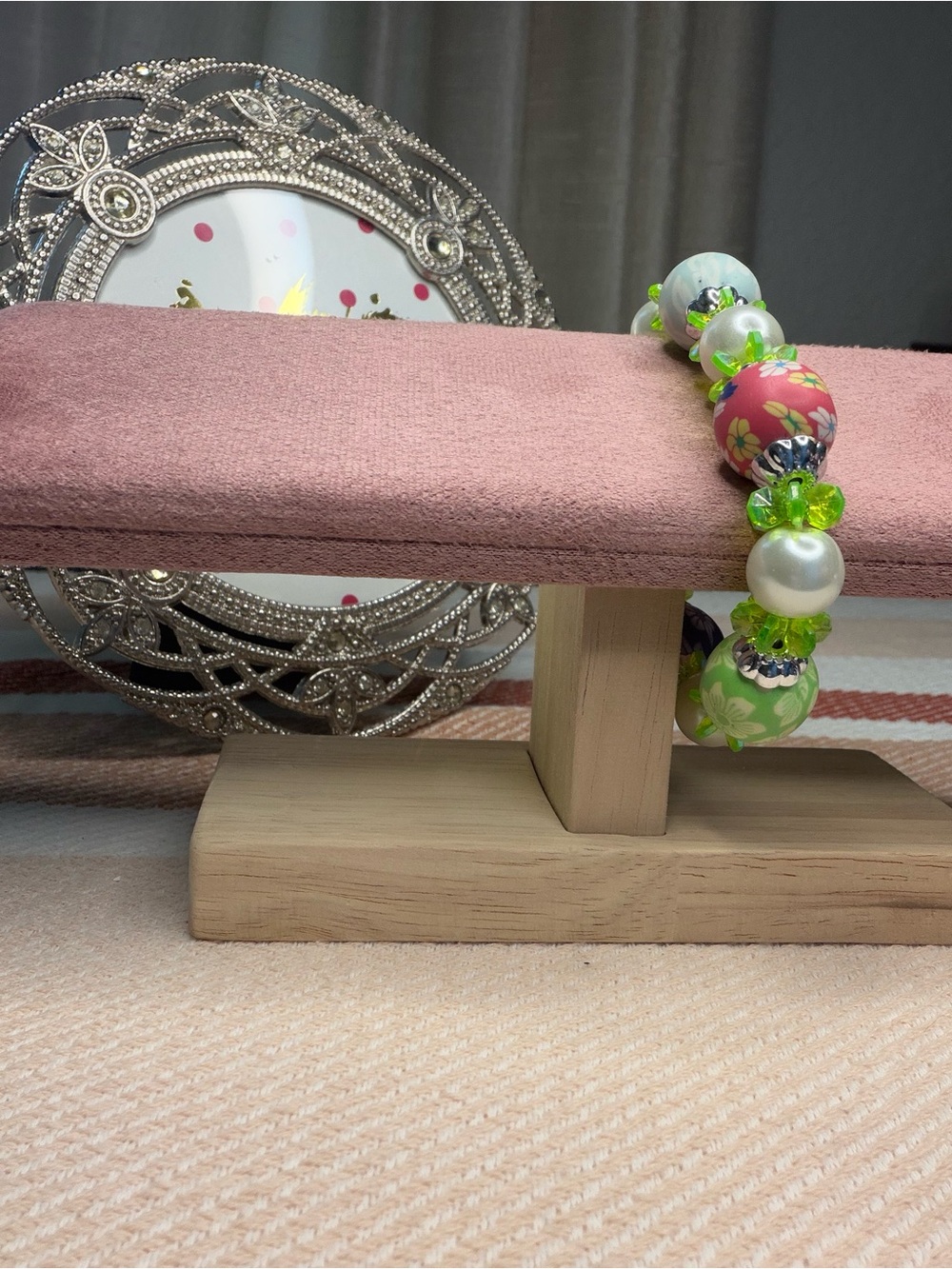 Artisan Pastel Floral Clay Bead Stretch Bracelet Faux Pearl Green Crystal